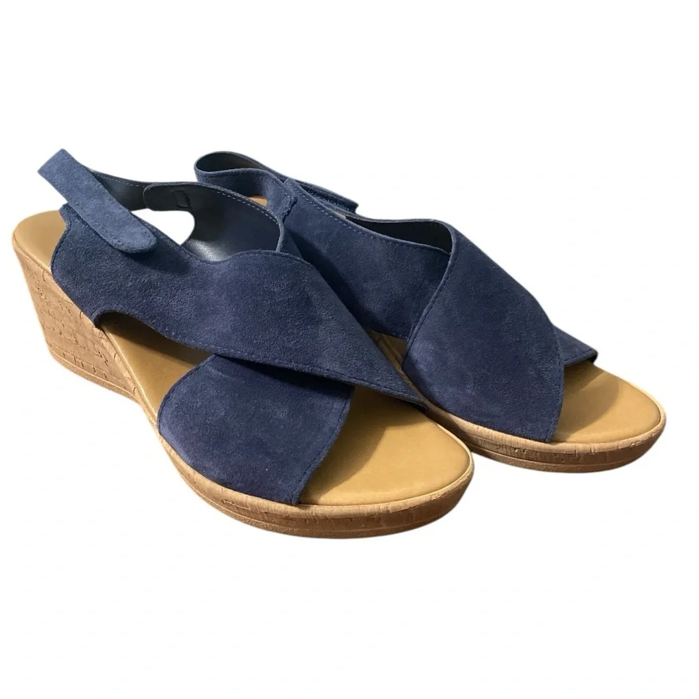 MILA PAOLI Navy Suede Leather Platform Wedge Sandals Crisscross Slingback 10